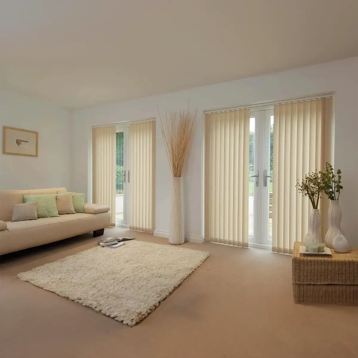 Cream-Vinyl-Vertical-Blind-For-Glass-Door-With-White-Stained-Wooden-Frame-And-Modern-Livingroom-Design